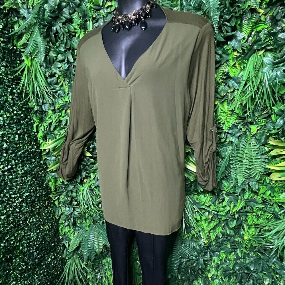 DRESS BARN Tops Women 3XL Green Pleated Blouse V Neckline Layered ‎ 1617